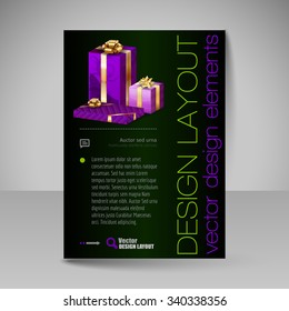 Business flyer template with purple Christmas gifts. Vector design elements.