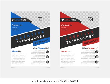 Business flyer template vector design, A4 brochure template blue and red colours geometry shapes used for business poster layout, IT Company flyer, corporate banners, annual report cover and leaflets