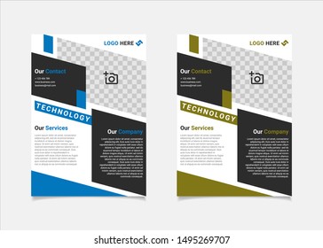 Business flyer template vector design, A4 brochure template blue and lime colours geometry shapes used for business poster layout, IT Company flyer,  corporate banners, annual report cover and leaflet