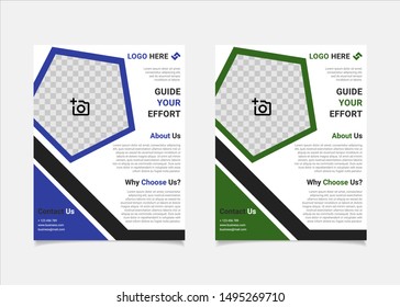 Business flyer template vector design, US letter size layout, brochure template blue and green colours pentagon geometry shapes for business poster layout, IT Company flyer, and annual report cover