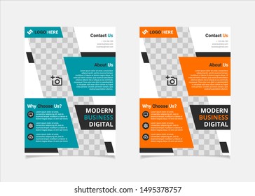 Business flyer template vector design, A4 brochure template blue and amber colours geometry shapes used for business poster layout, IT Company flyer,  corporate banners, and leaflets