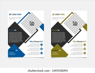 Business flyer template vector design, US letter size layout, brochure template blue and lime colours diagonal geometry shapes for business poster layout, IT Company flyer, and leaflets
