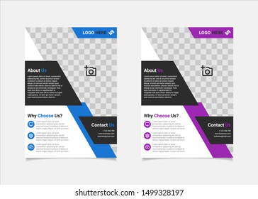Business flyer template vector design, A4 brochure template blue and purple colours geometry shapes used for business poster layout, IT Company flyer,  corporate banners, and leaflets