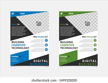 Business flyer template vector design, A4 brochure template blue and green colours geometry shapes used for business poster layout, IT Company flyer,  corporate banners, and leaflets