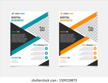 Business flyer template vector design, A4 brochure template blue and yellow colours geometry shapes used for business poster layout, IT Company flyer,  corporate banners, and leaflets