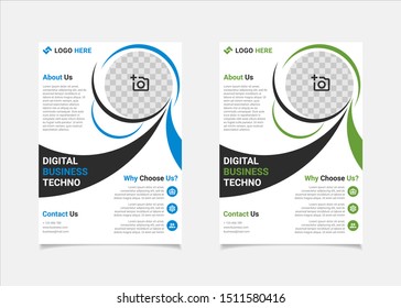 Design der Geschäftsflyer-Vorlage für die Vektorillustration, Blau- und Grünfarben der A4-Broschüre, Umrandungsformen für das Design von Geschäftspostbildern, Flyer für IT-Unternehmen, Firmenbanner und Faltblätter