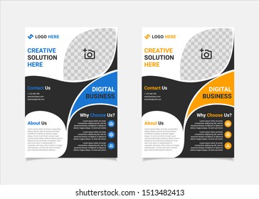 Business flyer template vector design, A4 brochure template blue and amber yellow colours circle geometry shapes used for business poster layout, IT Company flyer,  corporate banners, and leaflets