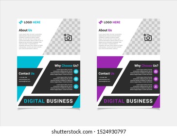 Business flyer template vector design, A4 brochure template blue and purple colours geometry shapes used for business poster layout, IT Company flyer,  corporate banners, and leaflets