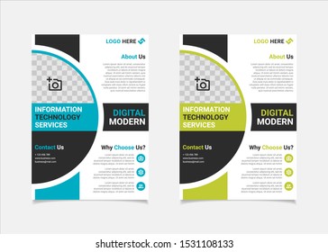 Business flyer template vector design, A4 brochure template blue and lime geometry shapes used for business poster layout, IT Company flyer, corporate banners, and leaflets