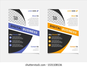 Business flyer template vector design, A4 brochure template blue and amber geometry shapes used for business poster layout, IT Company flyer, corporate banners, and leaflets