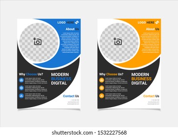 Business flyer template vector design, A4 brochure template blue and amber geometry shapes used for business poster layout, IT Company flyer, corporate banners, and leaflets