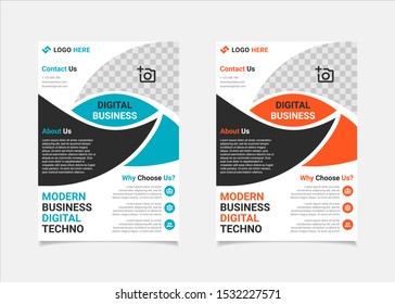 Business flyer template vector design, A4 brochure template blue and orange geometry shapes used for business poster layout, IT Company flyer, corporate banners, and leaflets