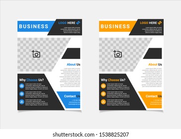 Business flyer template vector design, A4 brochure template blue and amber geometry shapes used for business poster layout, IT Company flyer, corporate banners, and leaflets