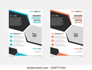 Business flyer template vector design, A4 brochure template blue and orange geometry shapes used for business poster layout, IT Company flyer, corporate banners, and leaflets