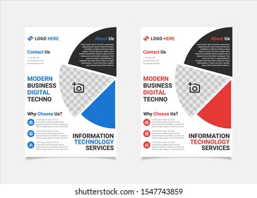 Business flyer template vector design, A4 brochure template blue and red geometry shapes used for business poster layout, IT Company flyer, corporate banners, and leaflets