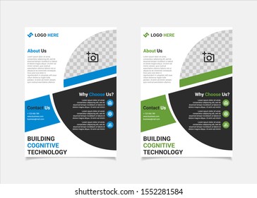 Business flyer template vector design, A4 brochure template blue and green geometry shapes used for business poster layout, IT Company flyer, corporate banners, and leaflets