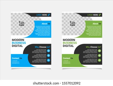 Business flyer template vector design, A4 brochure template blue and green geometry shapes used for business poster layout, IT Company flyer, corporate banners, and leaflets