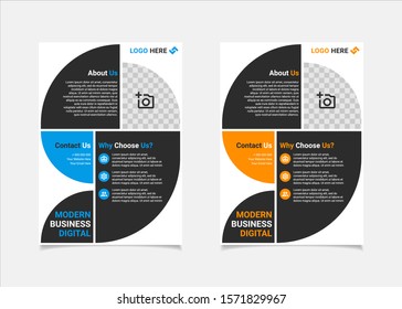 Business flyer template vector design, A4 brochure template blue and amber geometry shapes used for business poster layout, IT Company flyer, corporate banners, and leaflets