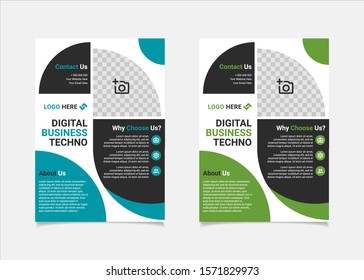 Business flyer template vector design, A4 brochure template blue and green geometry shapes used for business poster layout, IT Company flyer, corporate banners, and leaflets