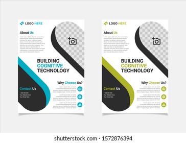 Business flyer template vector design, A4 brochure template blue and lime geometry shapes used for business poster layout, IT Company flyer, corporate banners, and leaflets