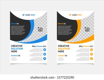 Business flyer template vector design, A4 brochure template blue and amber geometry shapes used for business poster layout, IT Company flyer, corporate banners, and leaflets