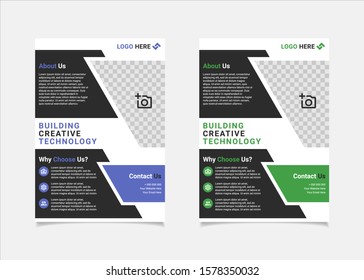 Business flyer template vector design, A4 brochure template blue and green geometry shapes used for business poster layout, IT Company flyer, corporate banners, and leaflets