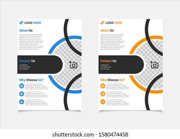 Business flyer template vector design, A4 brochure template blue and amber geometry shapes used for business poster layout, IT Company flyer, corporate banners, and leaflets