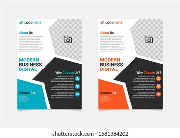 Business flyer template vector design, A4 brochure template blue and orange geometry shapes used for business poster layout, IT Company flyer, corporate banners, and leaflets