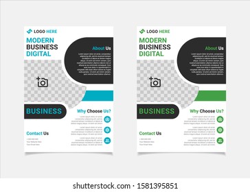 Business flyer template vector design, A4 brochure template blue and green geometry shapes used for business poster layout, IT Company flyer, corporate banners, and leaflets