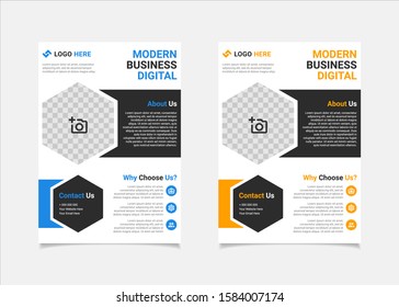 Business flyer template vector design, A4 brochure template blue and amber geometry shapes used for business poster layout, IT Company flyer, corporate banners, and leaflets