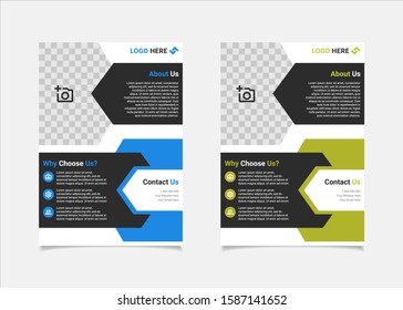 Business flyer template vector design, A4 brochure template blue and lime geometry shapes used for business poster layout, IT Company flyer, corporate banners, and leaflets