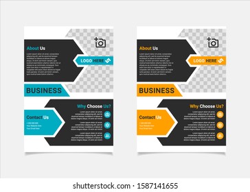 Business flyer template vector design, A4 brochure template blue and amber geometry shapes used for business poster layout, IT Company flyer, corporate banners, and leaflets