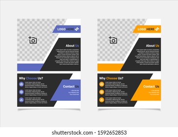 Business flyer template vector design, A4 brochure template blue and amber geometry shapes used for business poster layout, IT Company flyer, corporate banners, and leaflets