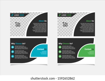 Business flyer template vector design, A4 brochure template blue and green geometry shapes used for business poster layout, IT Company flyer, corporate banners, and leaflets