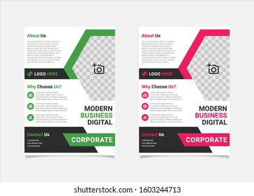 Business flyer template vector design, A4 brochure template green and pink geometry shapes used for business poster layout, IT Company flyer, corporate banners, and leaflets