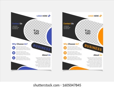 Business flyer template vector design, A4 brochure template blue and amber geometry shapes used for business poster layout, IT Company flyer, corporate banners, and leaflets