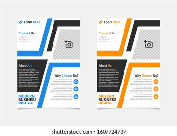 Business flyer template vector design, A4 brochure template blue and amber geometry shapes used for business poster layout, IT Company flyer, corporate banners, and leaflets