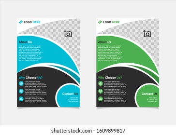 Business flyer template vector design, A4 brochure template blue and green geometry shapes used for business poster layout, IT Company flyer, corporate banners, and leaflets