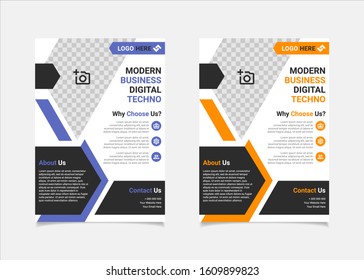 Business flyer template vector design, A4 brochure template blue and amber geometry shapes used for business poster layout, IT Company flyer, corporate banners, and leaflets