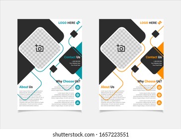 Business flyer template vector design, A4 brochure template blue and amber geometry shapes used for business poster layout, IT Company flyer, corporate banners, and leaflets