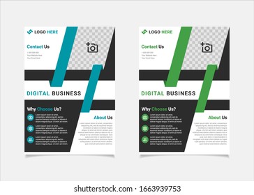 Business flyer template vector design, A4 brochure template blue and green geometry shapes used for business poster layout, IT Company flyer, corporate banners, and leaflets