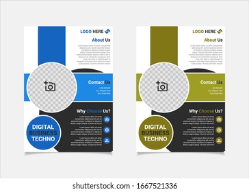 Business flyer template vector design, A4 brochure template blue and lime geometry shapes used for business poster layout, IT Company flyer, corporate banners, and leaflets