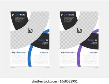 Diseño vectorial de plantilla de viajero de negocios, formas geométricas azul y púrpura de plantilla de folleto A4 utilizadas para el diseño de afiches de negocio, volante de empresa de TI, banners corporativos y folletos