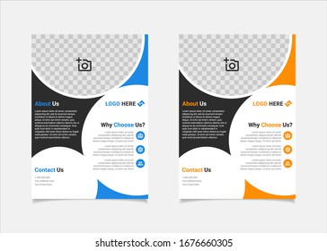 Diseño vectorial de plantilla de viajero de negocios, formas geométricas azules y ámbar de la plantilla de folleto A4 utilizadas para el diseño de afiches de negocios, volante de la empresa de TI, banners corporativos y folletos