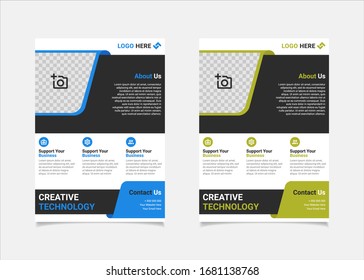 Business flyer template vector design, A4 brochure template blue and lime geometry shapes used for business poster layout, IT Company flyer, corporate banners, and leaflets