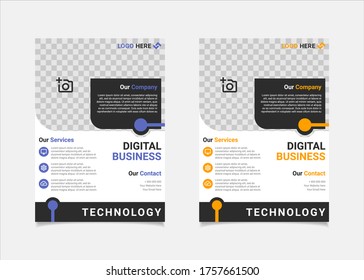 Diseño vectorial de la plantilla de volante de negocios, formas geométricas azules y ámbar de la plantilla de folletos A4 utilizadas para el diseño de afiches de negocios, volante de la empresa de TI, banners corporativos y folletos