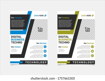 Diseño vectorial de la plantilla de volante de negocios, formas de geometría azul y cal de la plantilla de folletos A4 utilizadas para la distribución de afiches de negocios, volante de la empresa de TI, banners corporativos y folletos