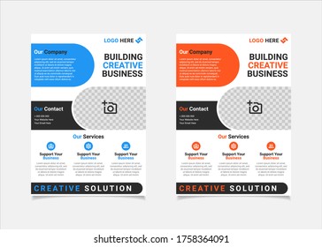 Business flyer template vector design, A4 brochure template blue and orange geometry shapes used for business poster layout, IT Company flyer, corporate banners, and leaflets