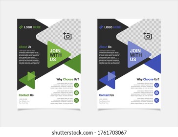 Business flyer template vector design, A4 brochure template blue and green geometry shapes used for business poster layout, IT Company flyer, corporate banners, and leaflets