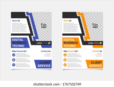 Business flyer template vector design, A4 brochure template blue and amber geometry shapes used for business poster layout, IT Company flyer, corporate banners, and leaflets